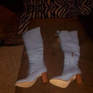 Lace up light denim knee high boots